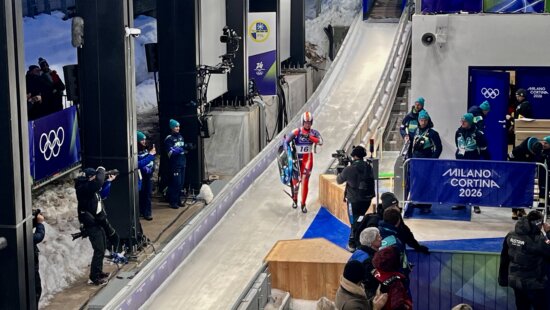Ashley Farquharson after Run 1 of her bronze medal Luge event at the Milan Cortina Olympics.
