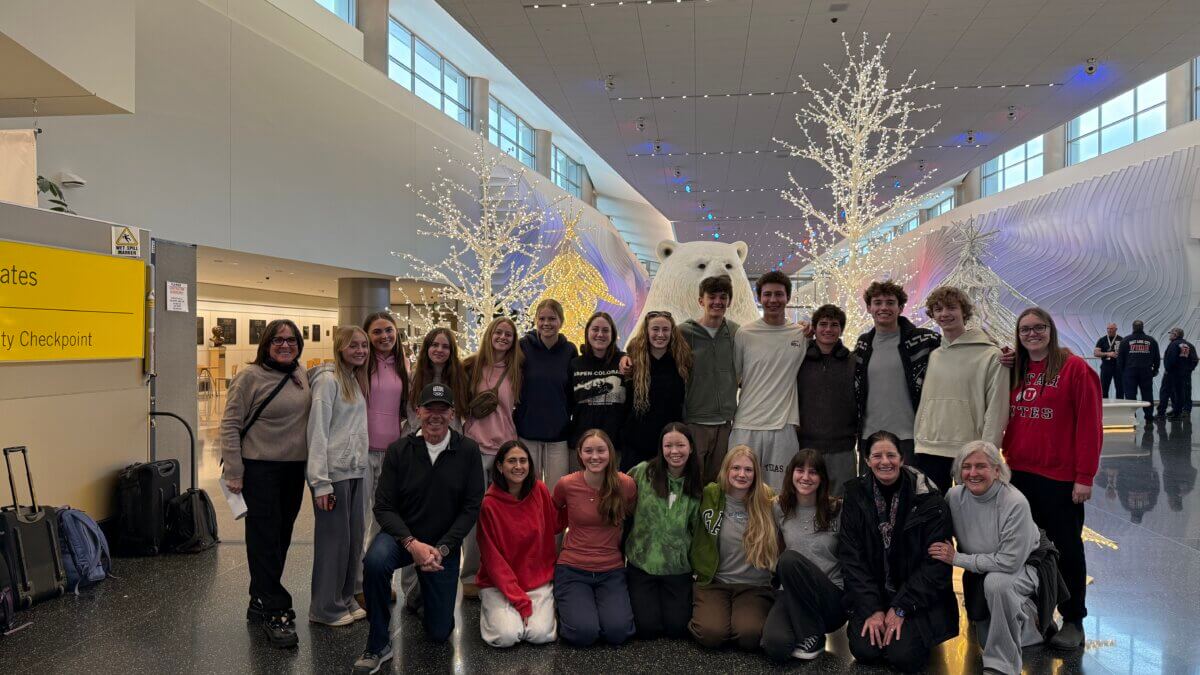 Park City High School students and chaperones pose for a group photo Feb. 12, 2026, ahead of a sister-city cultural exchange trip from Park City to Courchevel.