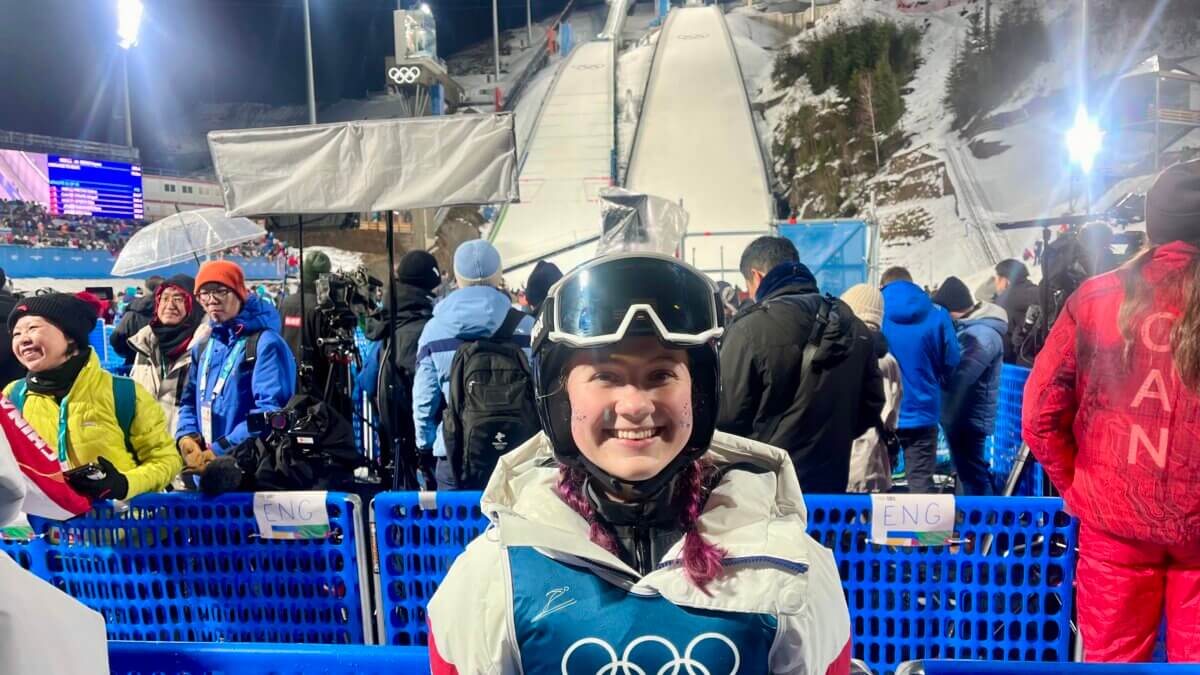 Josie Johnson at the Milan Cortina 2026 Olympic Ski Jumping Competition.