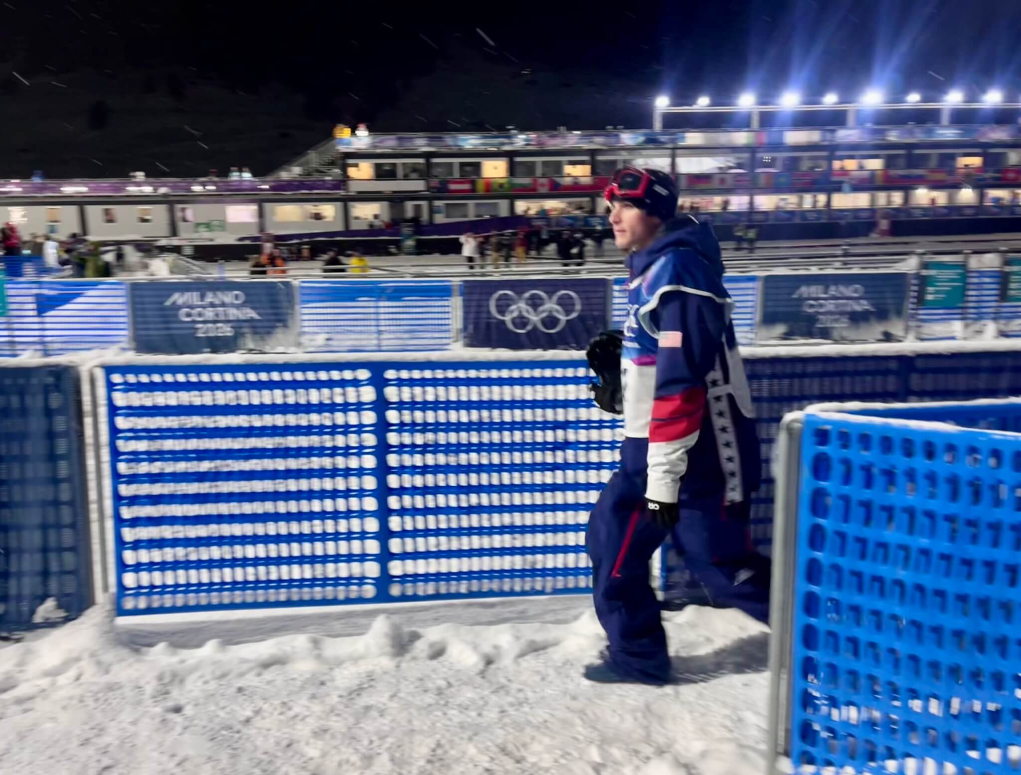 Troy Podmilsak on his way to support and celebrate his teammate Mac Forehand's Medal Ceremony.