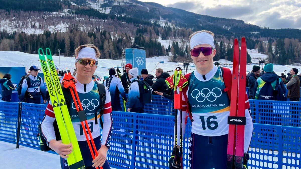 Ben Loomis (R) and Niklas Malacinski after the Cross Country portion of their Nordic Combined in the Milan Cortina Olympics.
