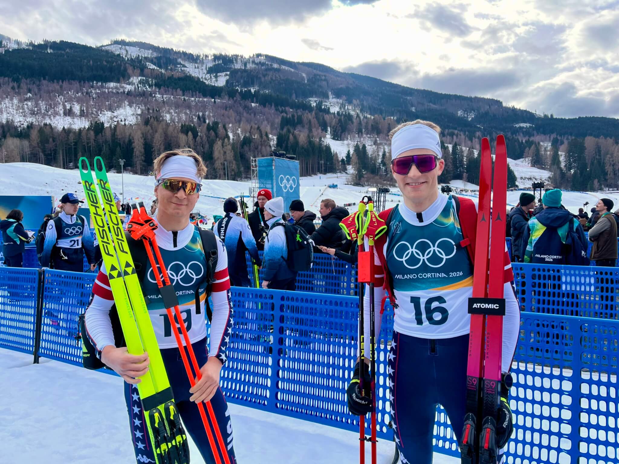 Ben Loomis (R) and Niklas Malacinski after the Cross Country portion of their Nordic Combined in the Milan Cortina Olympics.