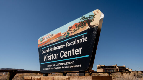 A sign welcomes visitors to a Grand Staircase-Escalante National Monument Visitor Center in Big Water, Utah on Sunday, Feb. 2, 2025.