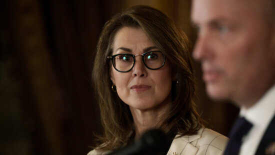 Lt. Gov. Deidre Henderson listens as Gov. Spencer Cox speaks during a press conference at the Capitol in Salt Lake City on the final night of the legislative session, Friday, March 6, 2026.