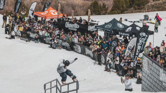Hinano Sakamoto slides a rail during finals day at The Uninvited Invitational at Woodward Park City. The event, founded by pro snowboarder Jess Kimura, brings 75 riders from more than 20 countries to compete for a $60,000 prize purse.