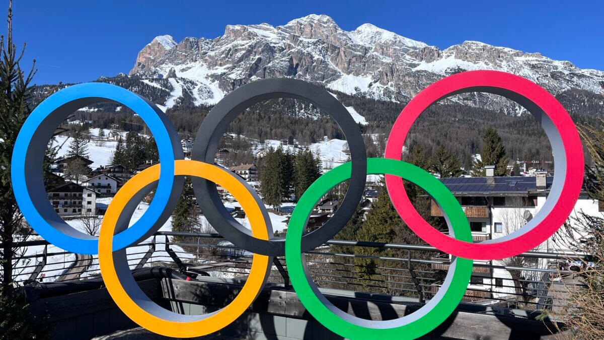 Winter Olympic rings from the last Games, across the border from the next Games.