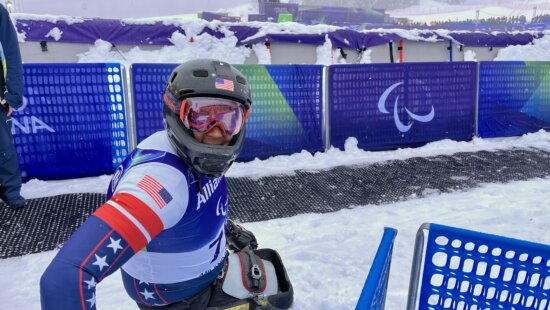 Matthew Brewer, of Park City, ski racing in the Milan Cortina Paralympic Games.