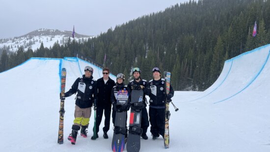 Shaun White stands with Snow League athletes Maddie Mastro, Ryan Wachendorfer, Nick Goepper and Hunter Hess at the base of Scott’s Bowl at Park City Mountain when Snow League was announced in March 2026.