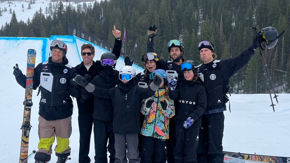 Park City Ski & Snowboard youth athletes pose with Shaun White and Snow League athletes Maddie Mastro, Ryan Wachendorfer, Nick Goepper and Hunter Hess during a pop-up session at the base of Scott’s Bowl at Park City Mountain before Tuesday’s announcement that the resort will host a 2027 Snow League stop.