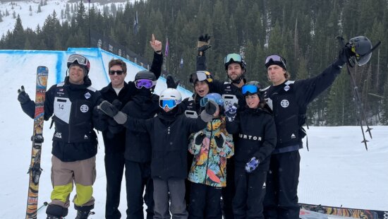 Park City Ski & Snowboard youth athletes pose with Shaun White and Snow League athletes Maddie Mastro, Ryan Wachendorfer, Nick Goepper and Hunter Hess during a pop-up session at the base of Scott’s Bowl at Park City Mountain before Tuesday’s announcement that the resort will host a 2027 Snow League stop.