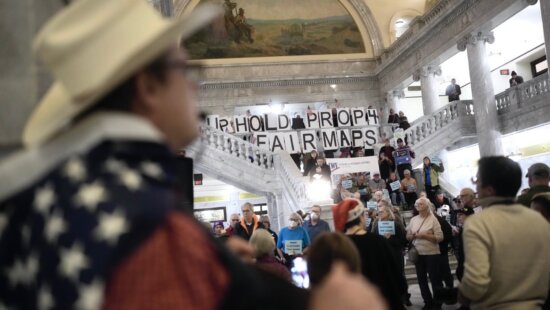 Protesters rally in support of Proposition 4 in the rotunda of the Utah State Capitol in Salt Lake City on Tuesday, Dec. 9, 2025.