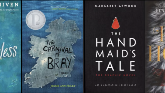 Newly added to Utah’s statewide school book ban list, from left: Breathless, The Carnival at Bray, The Handmaid’s Tale: The Graphic Novel and Red Hood. The four titles bring the total number of books removed from all Utah public schools to 27.