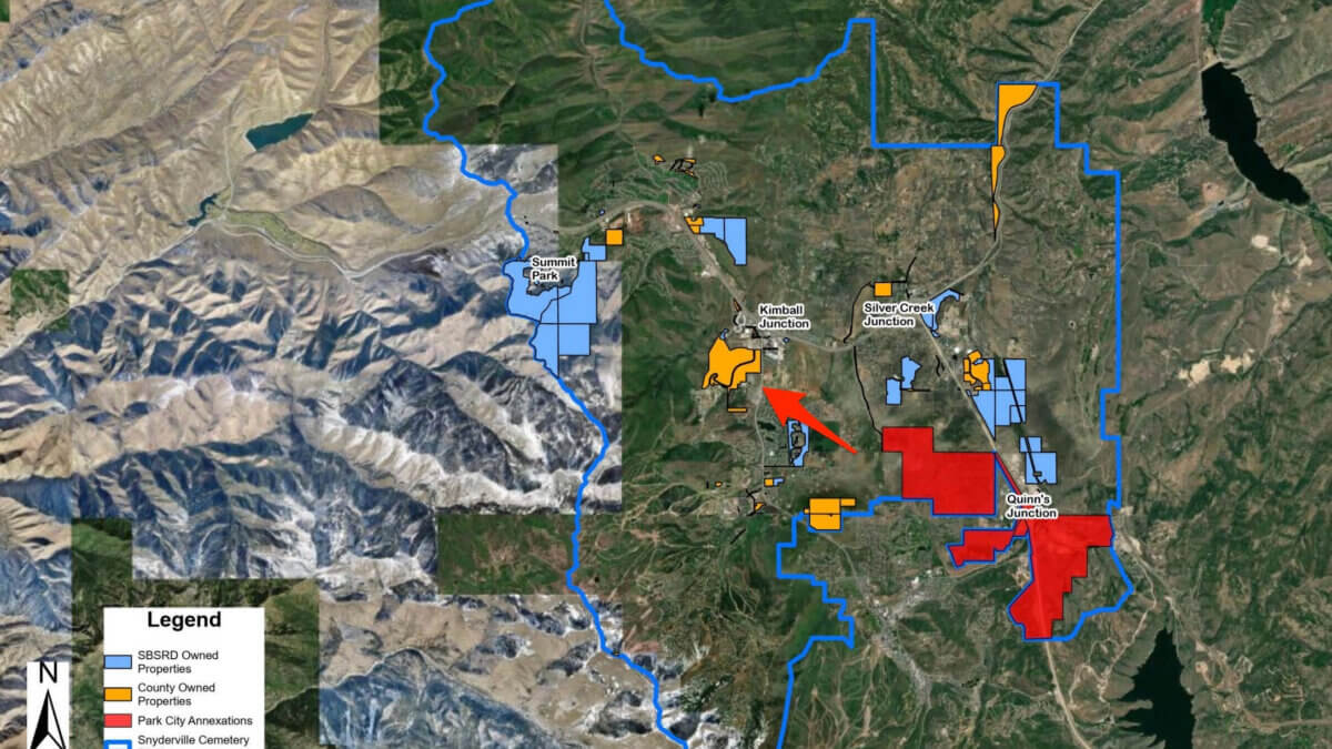 Map shows the proposed Bear Cub Run cemetery site, marked by an arrow, along with Snyderville Basin Cemetery District properties, county-owned parcels and Park City annexations.
