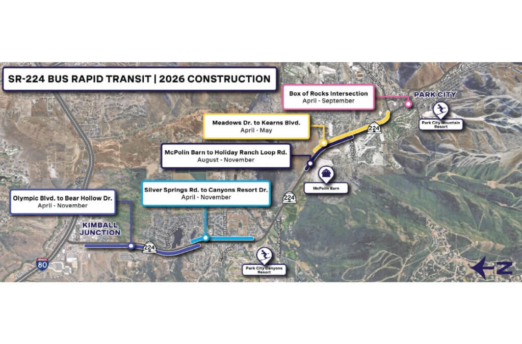 A map presented to the Summit County Council on Wednesday shows five segments of SR-224 scheduled for construction in 2026, stretching from Kimball Junction to Park City. Work on most segments is expected to run from April into November.
