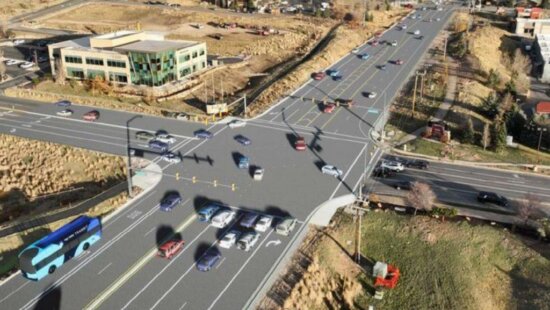 A rendering shows the final design for the Olympic Parkway and Newpark Boulevard intersection as part of the SR-224 bus rapid transit project.