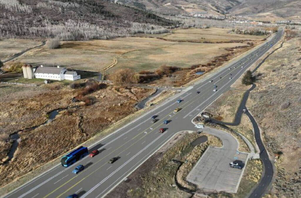 A rendering shows the final design for the SR-224 corridor near McPolin Barn, with dedicated bus rapid transit lanes and a transit stop.