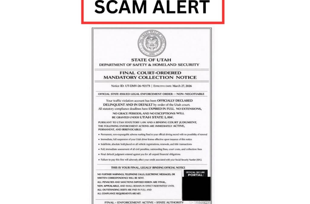 Utah DPS is warning residents to watch for a fake “mandatory collection” notice tied to a growing traffic-related scam.