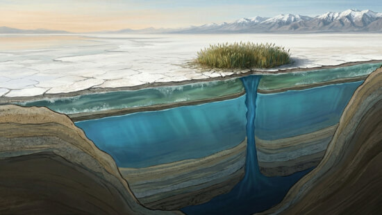 An artist's rendering of what the freshwater reservoir discovered beneath the Great Salt Lake's Farmington Bay could potentially look like in cross-section.