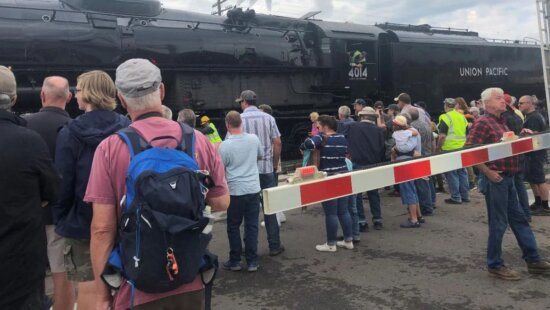 Spectators admire the Big Boy locomotive.
