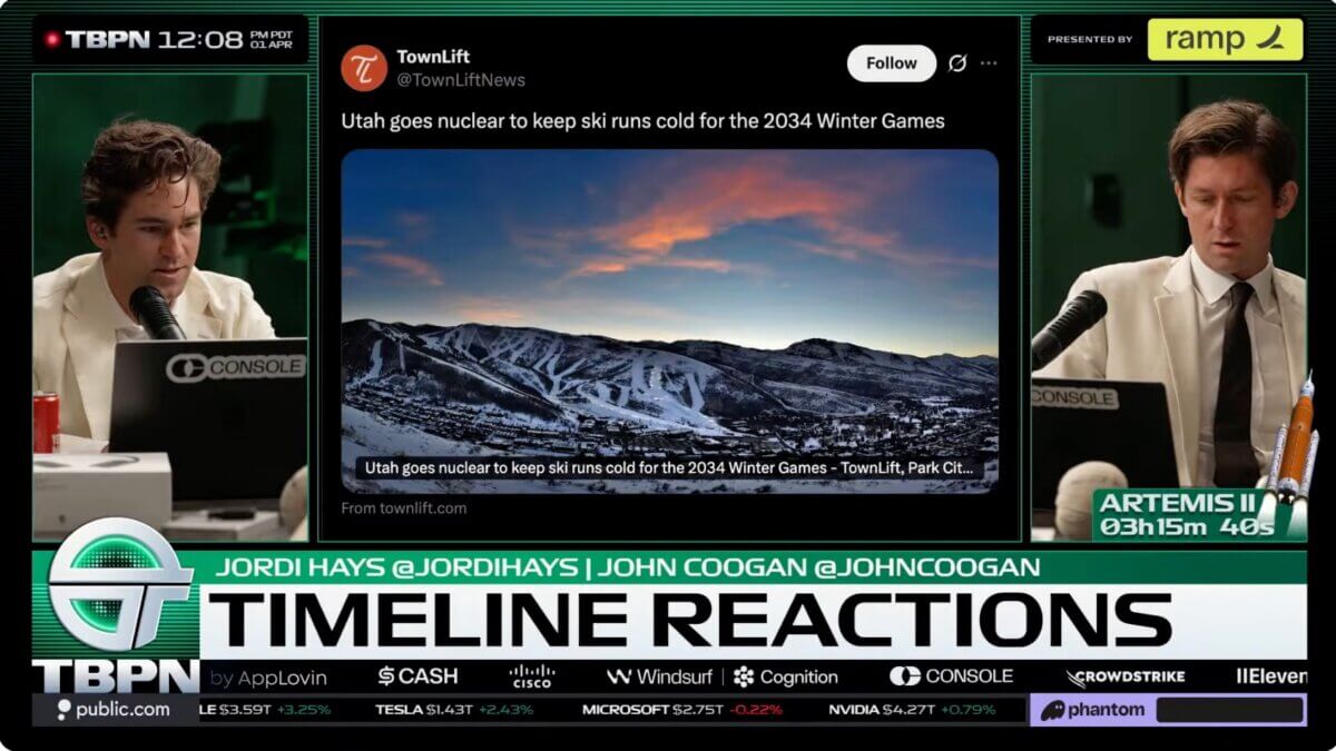 TBPN hosts Jordi Hays and John Coogan react to TownLift's nuclear ski story during the show's April 1 Timeline Reactions segment.