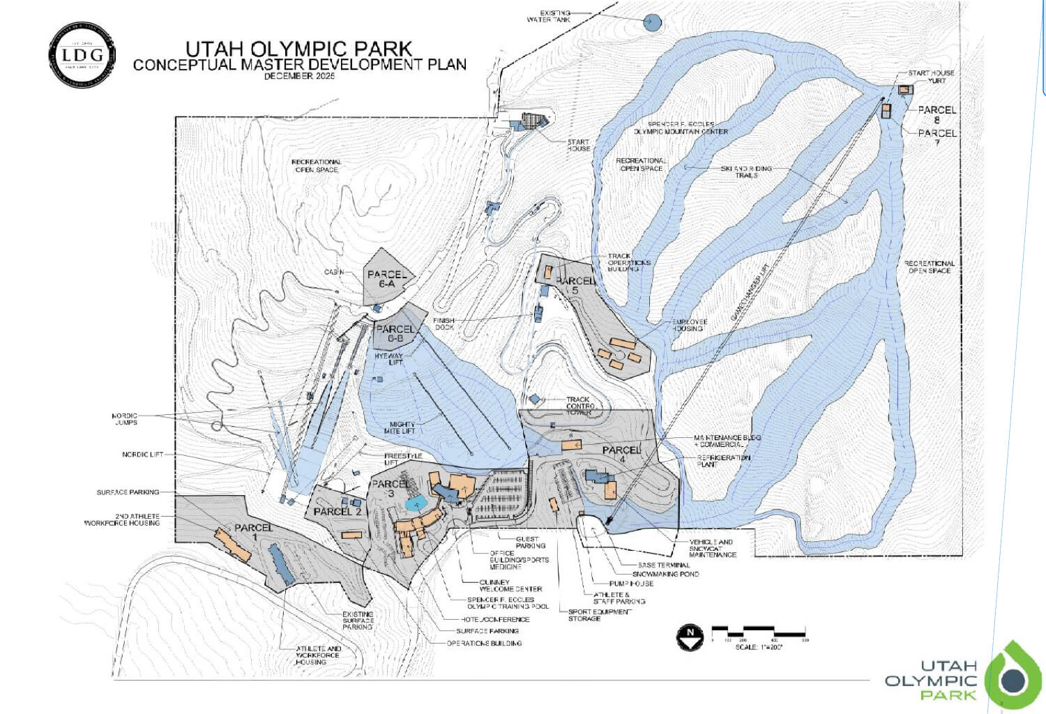 A conceptual master development plan for Utah Olympic Park labels the parcels at the center of Summit County Council’s debate, including Parcel 1 near the hotel area, Parcel 5 near the finish dock and Parcels 6A and 6B above the ski terrain.