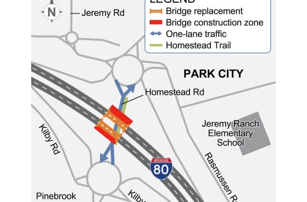 UDOT’s project map shows planned bridge replacement work at the Jeremy Ranch interchange on I-80, including construction zones near Homestead Road and one-lane traffic areas.