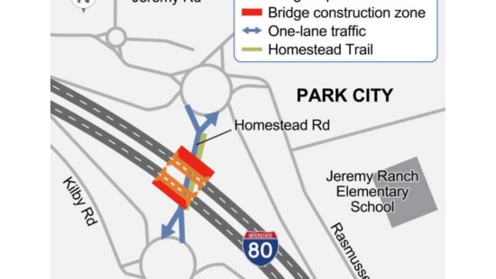 UDOT’s project map shows planned bridge replacement work at the Jeremy Ranch interchange on I-80, including construction zones near Homestead Road and one-lane traffic areas.