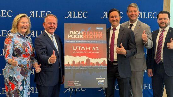 Utah Senate President Stuart Adams, R-Layton, and Senate Majority Leader Kirk Cullimore, R-Sandy, celebrate Utah’s No. 1 ranking for economic outlook while in Washington, D.C., on April 15, 2026.