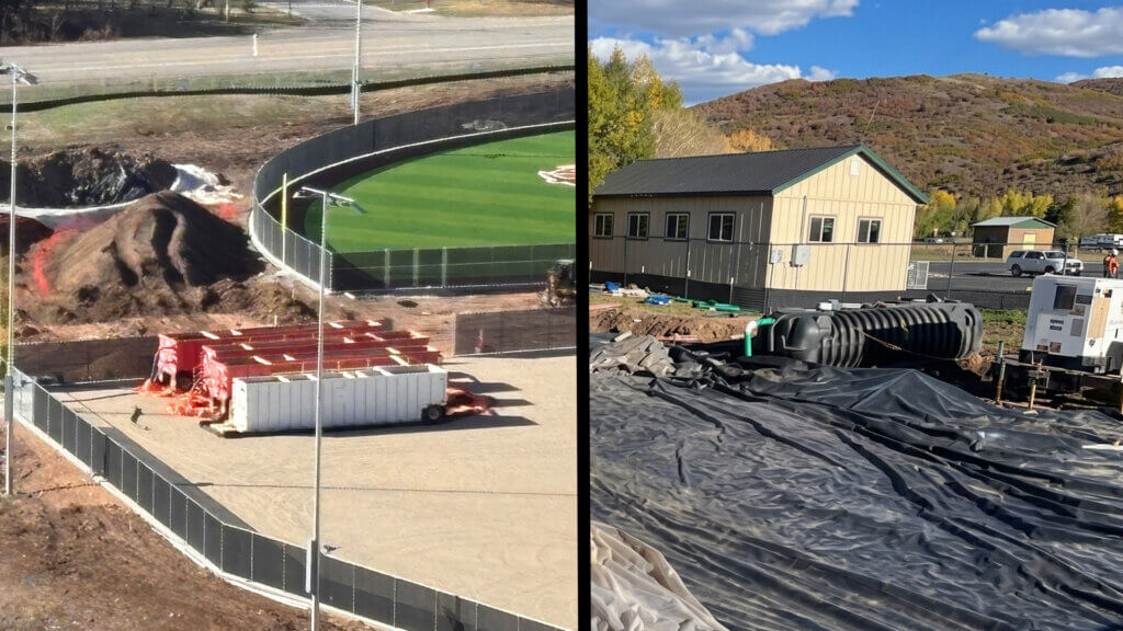 At right, a photo the district provided in mid-December of the settling tank system used to handle contaminated groundwater at the Treasure Mountain Construction site and the new system currently being used.