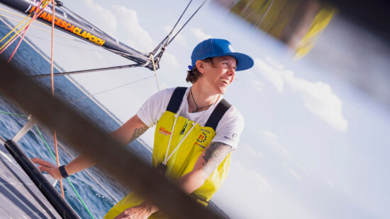 Park City-based offshore sailor Francesca "Frankie" Clapcich aboard her 60-foot IMOCA, 11th Hour Racing. Clapcich begins her first solo race May 3 in the 1000 Race, starting in Port-la-Forêt, France.