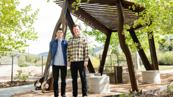 Artist Mark Rane and Mayor Ryan Dickey at the Grand Opening of the Shade Structure at Creekside Park