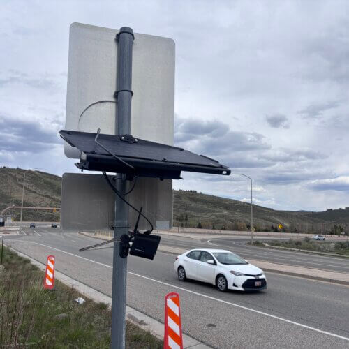 A Motorola license plate reader at the I-80 and State Route 224 interchange, the primary highway entry point into Park City from Salt Lake City, May 2026