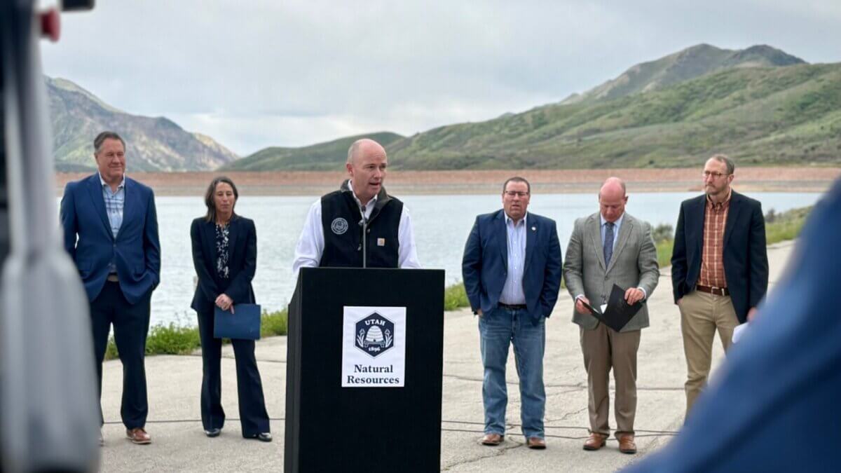 Utah Gov. Spencer Cox speaks to news reporters at Little Dell Reservoir about his drought declaration on Thursday, May 21, 2026.