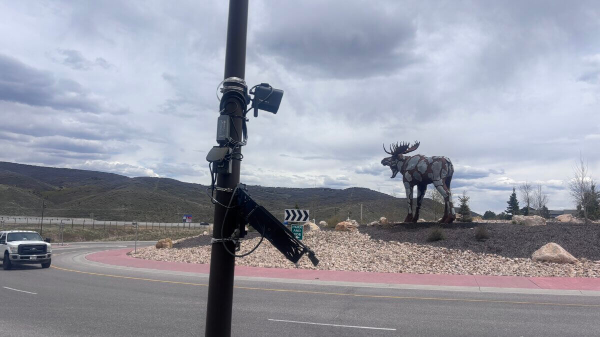 A Motorola license plate reader at the Pinebrook roundabout near the I-80 Park-and-Ride, one of the main entry points into the Snyderville Basin.