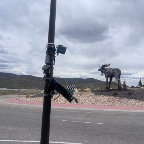 A Motorola license plate reader at the Pinebrook roundabout near the I-80 Park-and-Ride, one of the main entry points into the Snyderville Basin.