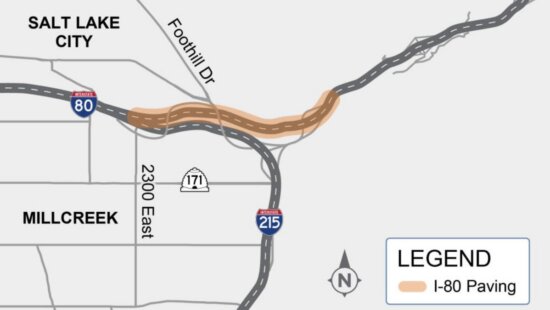 The highlighted segment shows where overnight lane closures will take place at the mouth of Parleys Canyon.