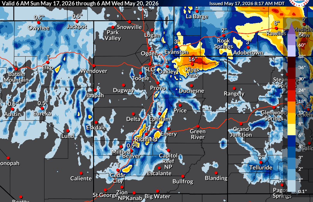 Total snow accumulations of 6 to 14 inches for the Western Uinta Mountains May 17, 2026