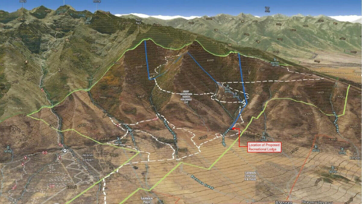 A map of the proposed ski area at the privately owned Ruby Mountain Ranch in Elko County, Nevada.