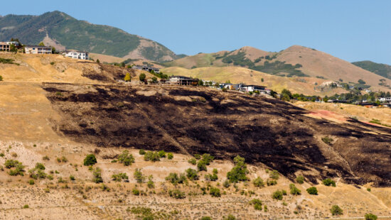 A burn scar from the Sandhurst 2 wildfire is pictured on the hillside near Ensign Peak in Salt Lake City on Thursday, June 11, 2026.