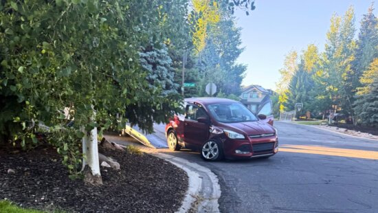A maroon Ford Escape being towed on Cutter Lane in Ranch Place after crashing into two parked cars, before the driver fleed on foot.