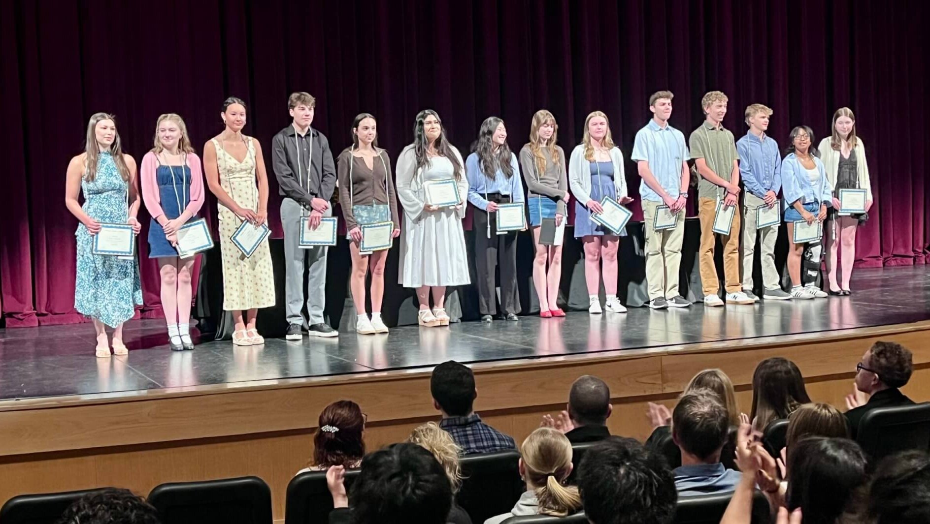 Sterling Scholars received their cords: Listed out of photographed order: Chris Drury, Coen Flach, Dmitri Siminovskiy, Emerson Blank, Grace Gladson, Gwenneth Hsu, Isabel Reyna, Mia Jamrich, Quinn Cracolice, Rylan Betker, Sabine Smith, Scarlett Tary, Shiva Minter, Sophie Didly, Sullivan Reilly, and Taylor Bergman. Photo: TownLift // Michele Roepke