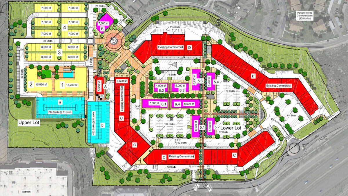 A revised site plan for Junction Commons shows proposed housing, parking, commercial space and pedestrian connections at the former Outlets Park City property.