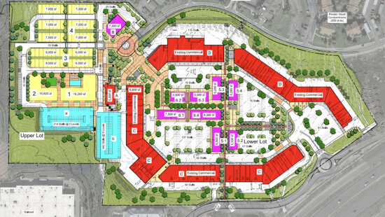 A revised site plan for Junction Commons shows proposed housing, parking, commercial space and pedestrian connections at the former Outlets Park City property.