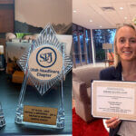 TownLift reporter Marina Knight with her two first-place awards from the 2026 Utah Society of Professional Journalists contest, for reporting on housing and on veterans affairs.