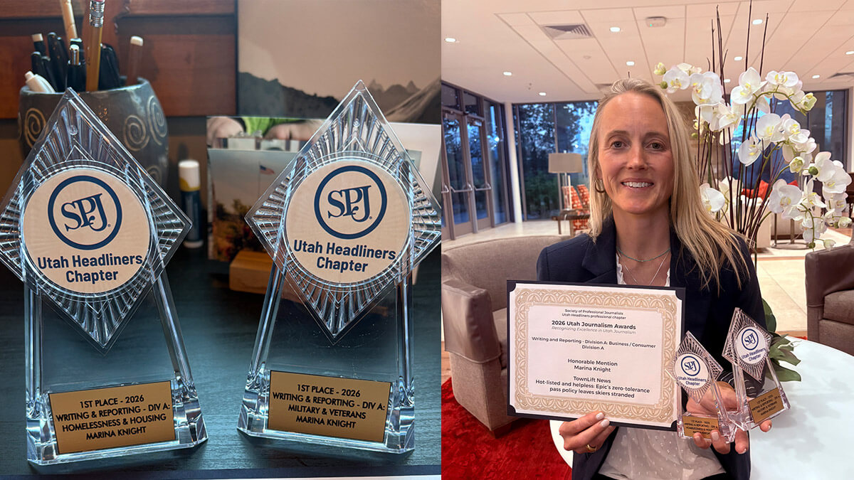 TownLift reporter Marina Knight with her two first-place awards from the 2026 Utah Society of Professional Journalists contest, for reporting on housing and on veterans affairs.