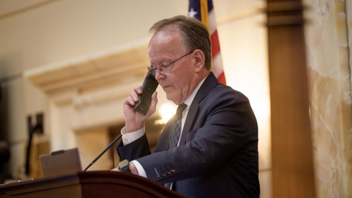 Senate President Stuart Adams, R-Layton, oversees work in the Senate Chamber at the Capitol in Salt Lake City on the final night of the legislative session, Friday, March 6, 2026.