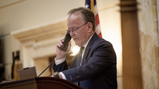 Senate President Stuart Adams, R-Layton, oversees work in the Senate Chamber at the Capitol in Salt Lake City on the final night of the legislative session, Friday, March 6, 2026.