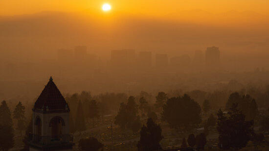 Air thick with particulate pollution and fog hangs over Salt Lake City on Friday, Dec. 6, 2024. The AQI at the time was listed at 130 according to AirNow.gov, and the National Weather Service had issued a dense fog advisory.