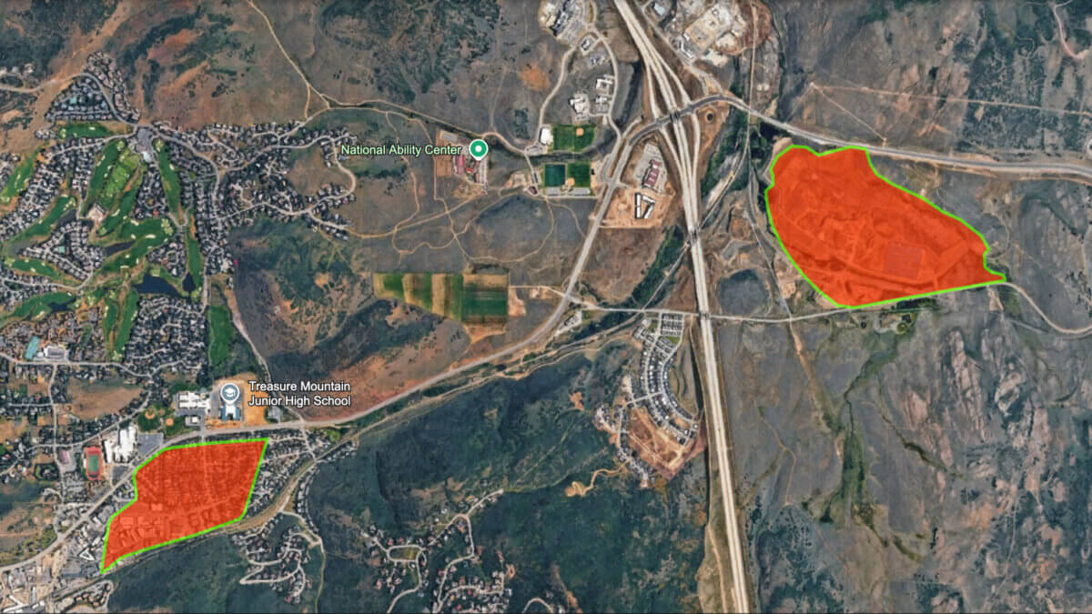 A 1955 USGS map overlaid on Google Earth showing the location of two tailings ponds in Park City, Utah, one in Prospector and one at Richardson Flats.