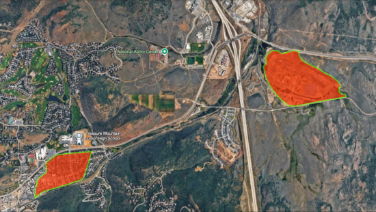 A 1955 USGS map overlaid on Google Earth showing the location of two tailings ponds in Park City, Utah, one in Prospector and one at Richardson Flats.